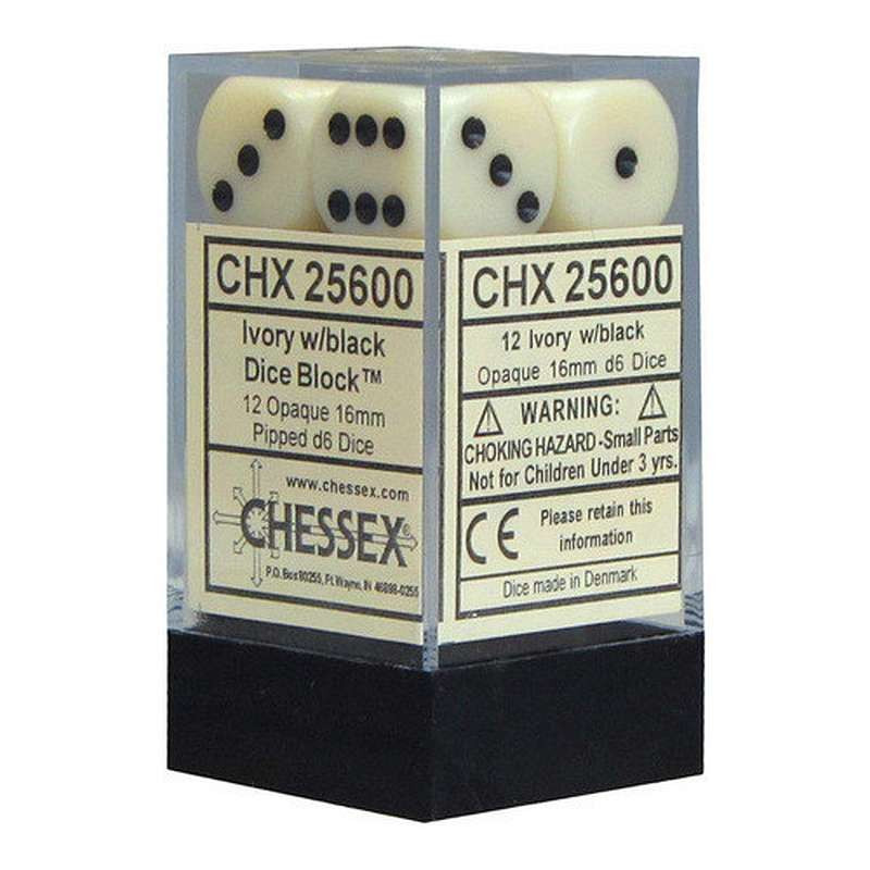 Zestaw 12 kości matowych K6 16mm Chessex Kościste z czarnymi kropkami