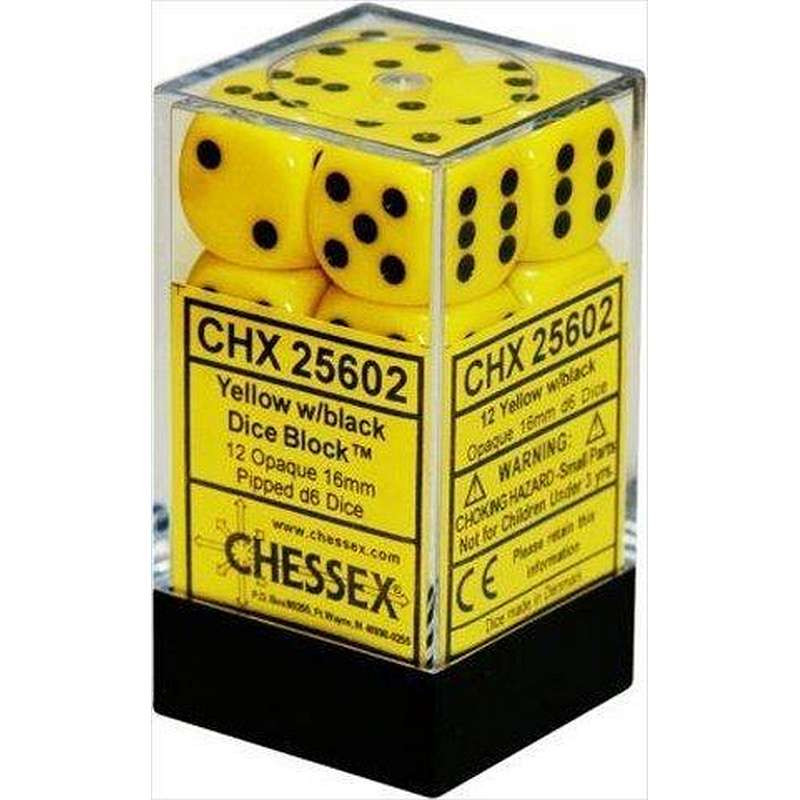 Zestaw 12 kości matowych K6 16mm Chessex Żółte z czarnymi kropkami