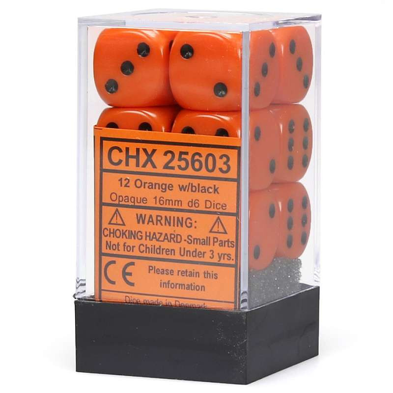 Zestaw 12 kości matowych K6 16mm Chessex Pomarańczowe z czarnymi kropkami