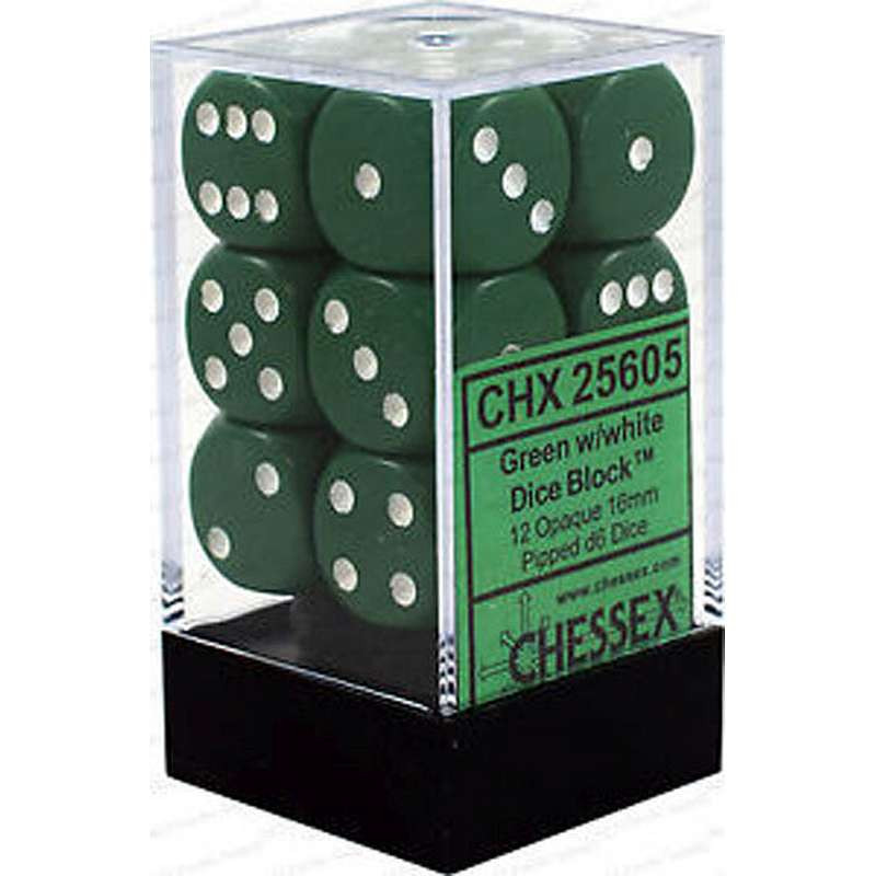 Zestaw 12 kości matowych K6 16mm Chessex Zielone z białymi kropkami
