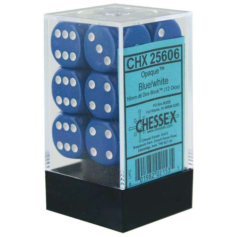 Zestaw 12 kości matowych K6 16mm Chessex Niebieskie z białymi kropkami