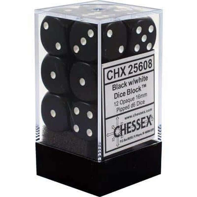 Zestaw 12 kości matowych K6 16mm Chessex Czarne z białymi kropkami