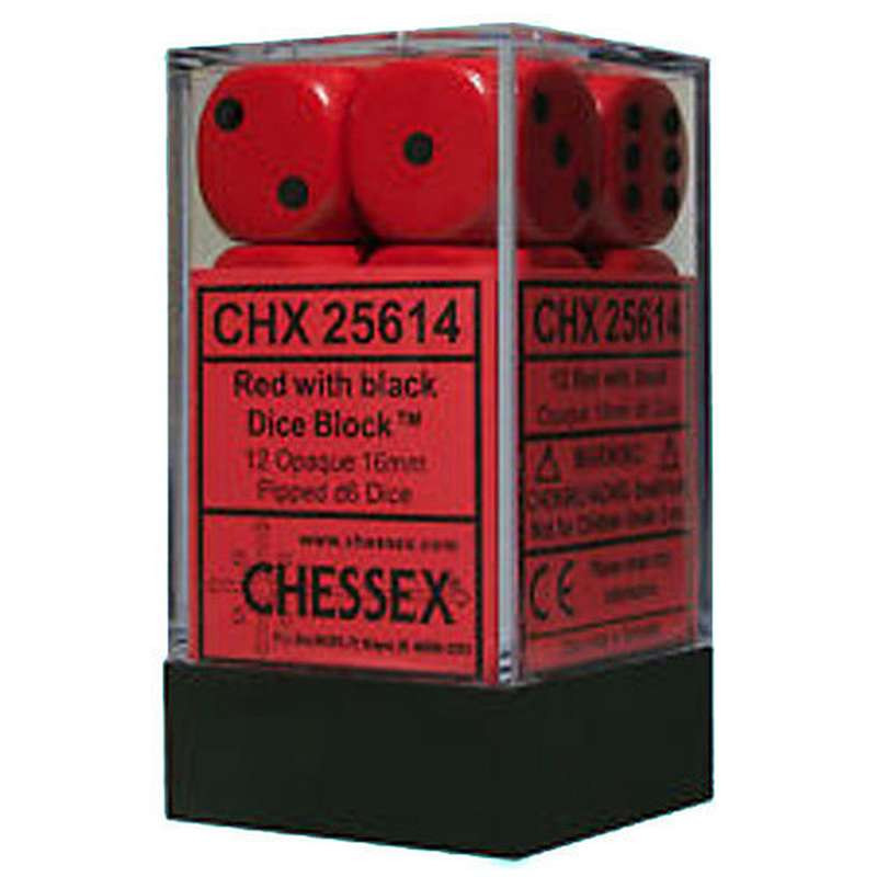 Zestaw 12 kości matowych K6 16mm Chessex Czerwone z czarnymi kropkami