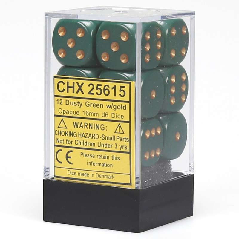 Zestaw 12 kości matowych K6 16mm Chessex Ciemnozielone ze złotymi kropkami