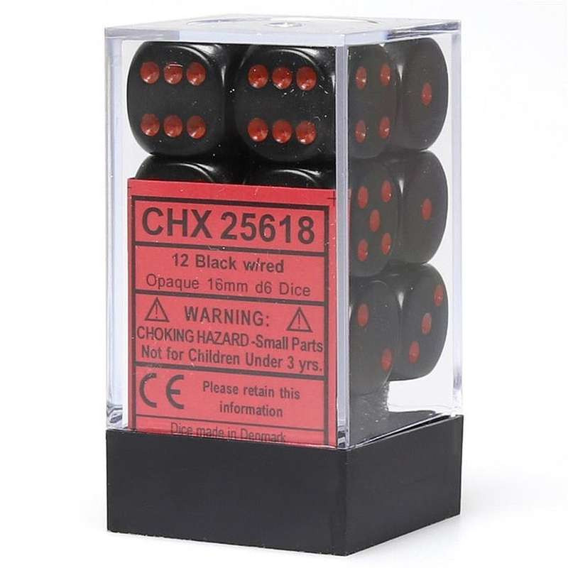 Zestaw 12 kości matowych K6 16mm Chessex Czarne z czerwonymi kropkami