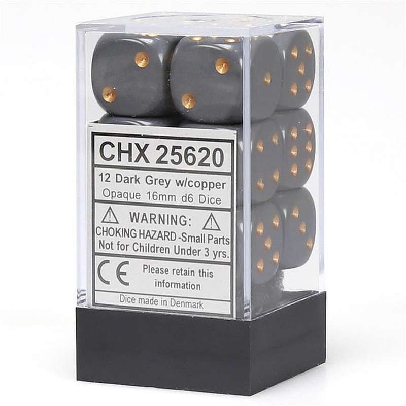 Zestaw 12 kości matowych K6 16mm Chessex Ciemnoszare z miedzianymi kropkami