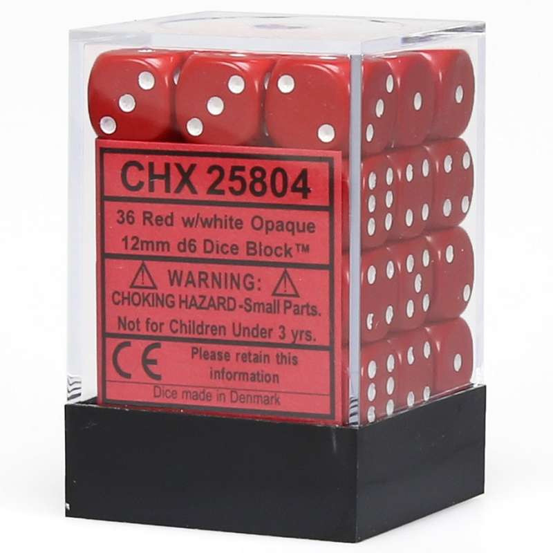 Zestaw 36 kości matowych K6 12mm Chessex Czerwone z białymi kropkami