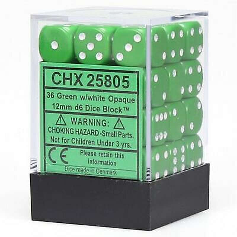Zestaw 36 kości matowych K6 12mm Chessex Zielone z białymi kropkami
