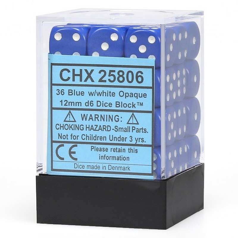 Zestaw 36 kości matowych K6 12mm Chessex Niebieskie z białymi kropkami