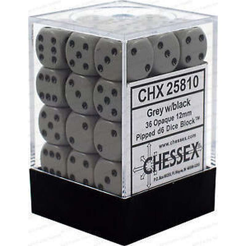 Zestaw 36 kości matowych K6 12mm Chessex Szare z czarnymi kropkami