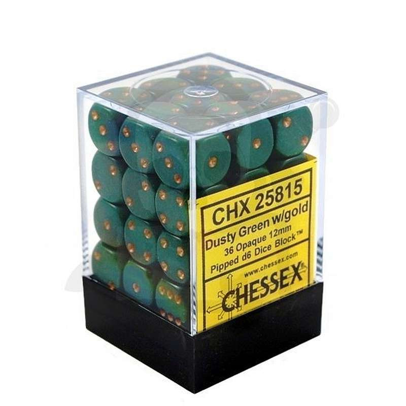 Zestaw 36 kości matowych K6 12mm Chessex Ciemnozielone ze złotymi kropkami