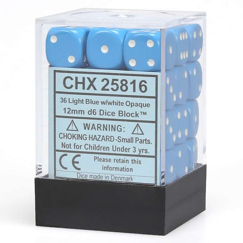 Zestaw 36 kości matowych K6 12mm Chessex Jasnoniebieskie z białymi kropkami